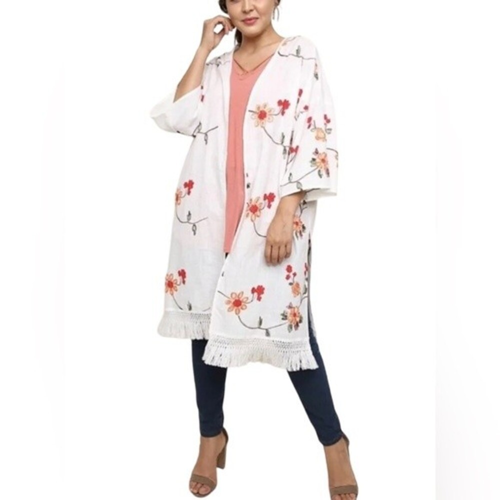 Umgee Floral Embroidered Long Duster Kimono Crochet Fringe Cover Up Colorful